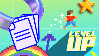 Regenbogen, Formulare, Stern und dem Schriftzug Level up im Pixel Stile