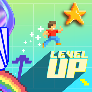 Regenbogen, Formulare, Stern und dem Schriftzug Level up im Pixel Stile