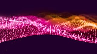 The image shows wave-like digital data streams of luminous binary code numbers in bright pink.