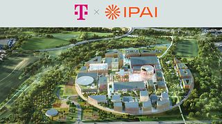Aufnahme des IPAI-Campus aus der Luft mit den Logos von IPAI und der Deutschen Telekom.